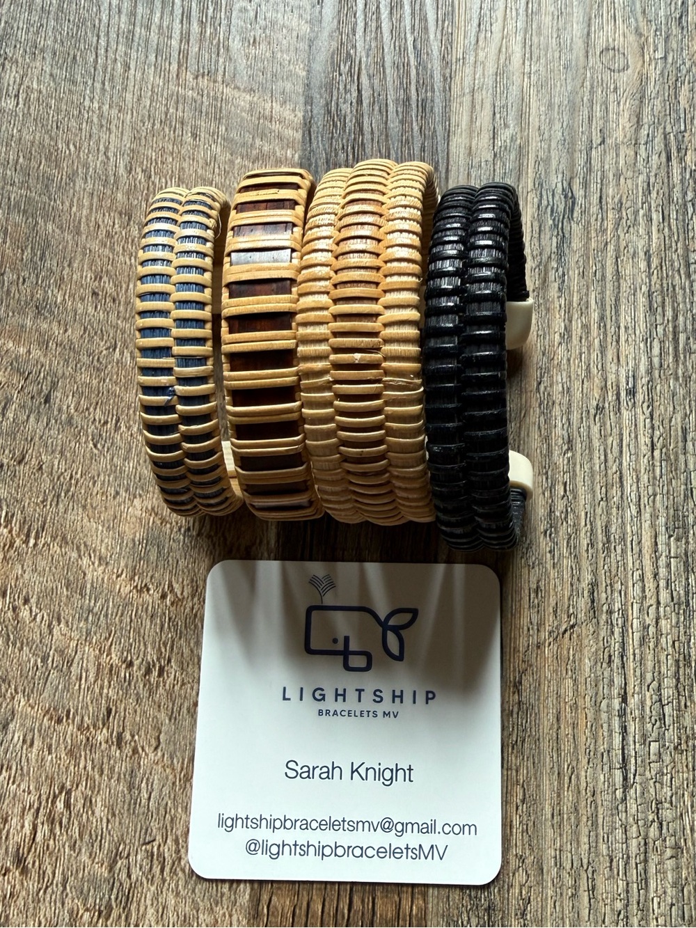 Nantucket Lightship Set of Four Woven Stackable Bracelets in Tan, Navy & Black